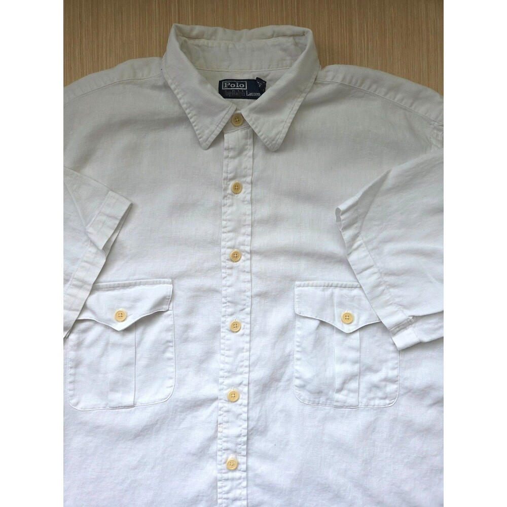 Vtg Polo Ralph Lauren Shirt Men's XXL Tall White Linen Blend Button Short Sleeve